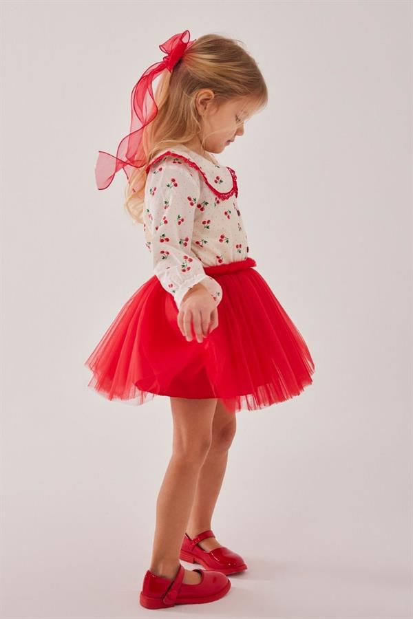 Kız Çocuk Tokalı Kirazlı Gömlek & Tütü Etek Takım