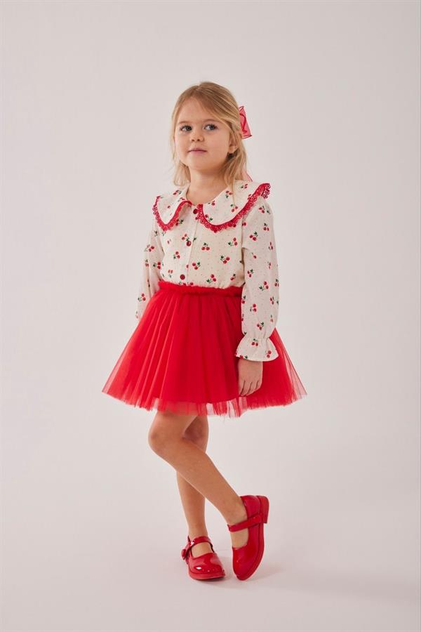 Kız Çocuk Tokalı Kirazlı Gömlek & Tütü Etek Takım