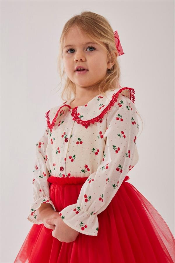 Kız Çocuk Tokalı Kirazlı Gömlek & Tütü Etek Takım