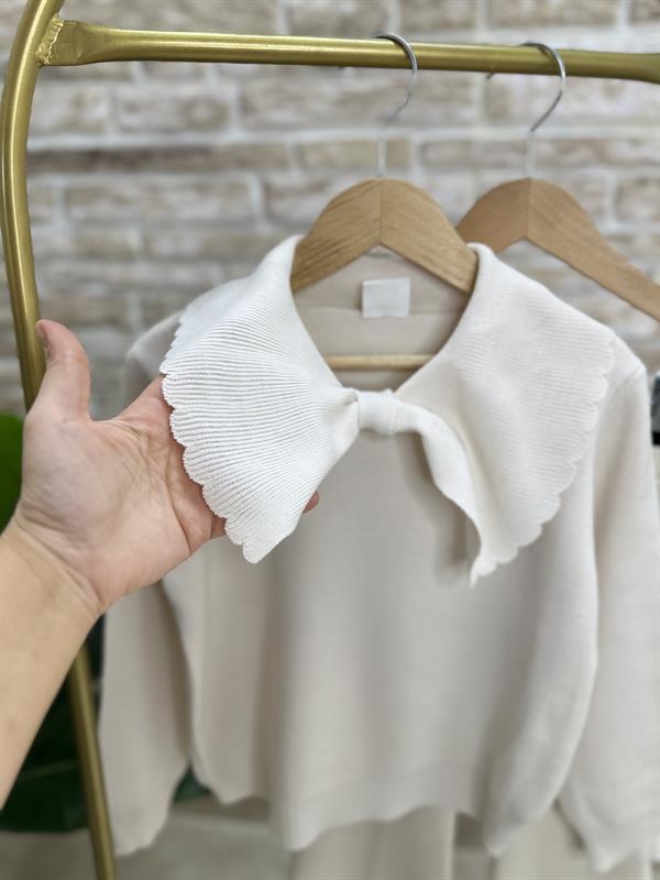 Kız Çocuk Triko Ekru İspanyol Taytlı Takım