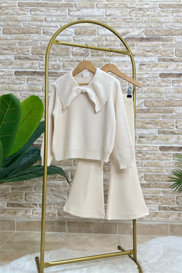 Kız Çocuk Triko Ekru İspanyol Taytlı Takım