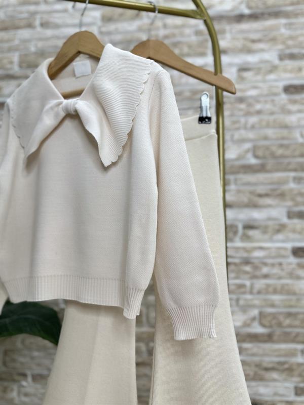 Kız Çocuk Triko Ekru İspanyol Taytlı Takım