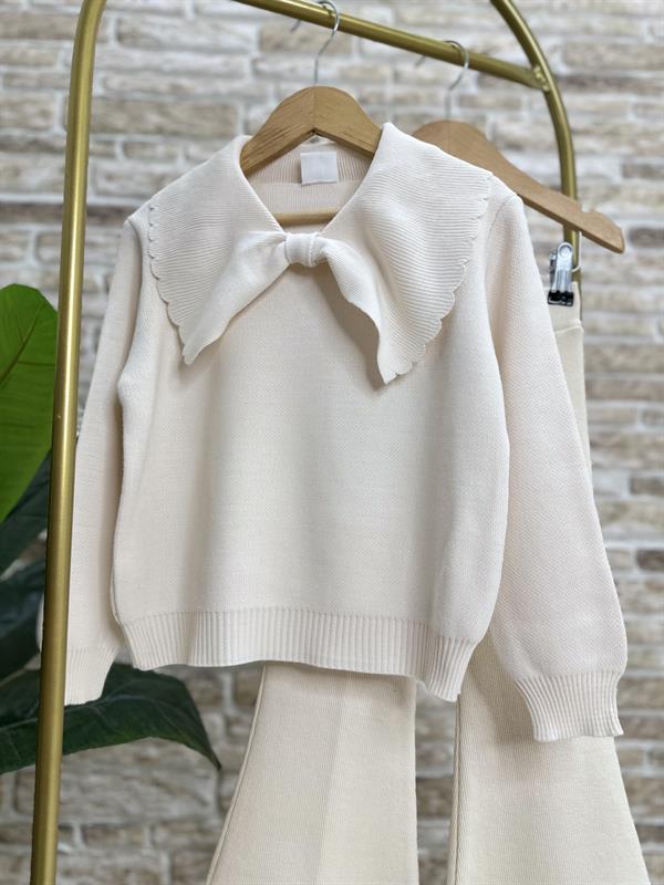 Kız Çocuk Triko Ekru İspanyol Taytlı Takım