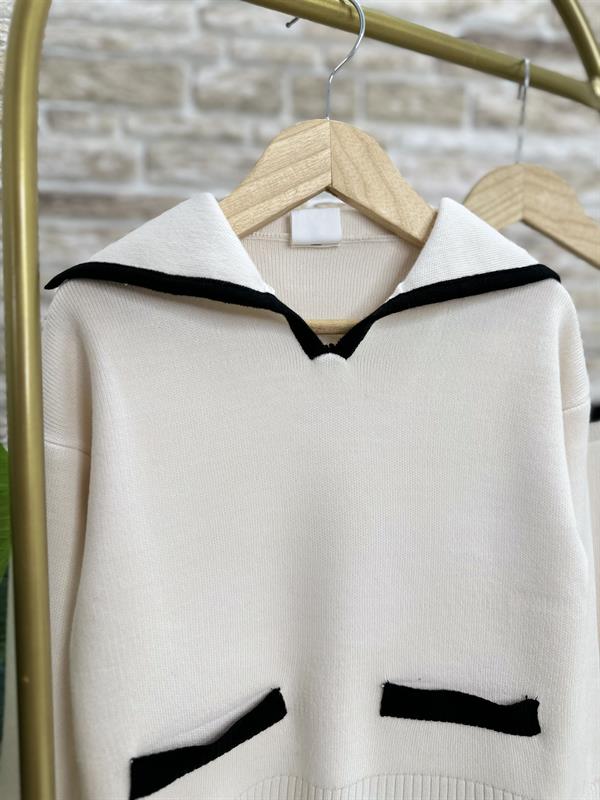 Kız Çocuk Triko Ekru Siyah Detaylı Takım