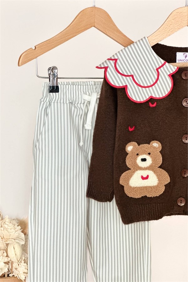 Kız Çocuk Triko Yakalı & Gabardin Pantolon Kahve Takım