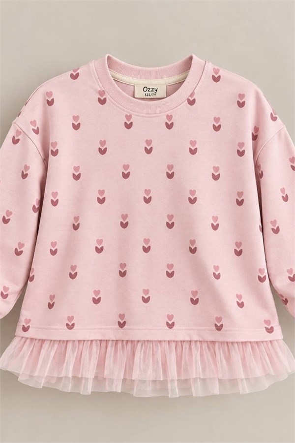 Kız Çocuk Tül Detaylı Pembe Lale Sweat