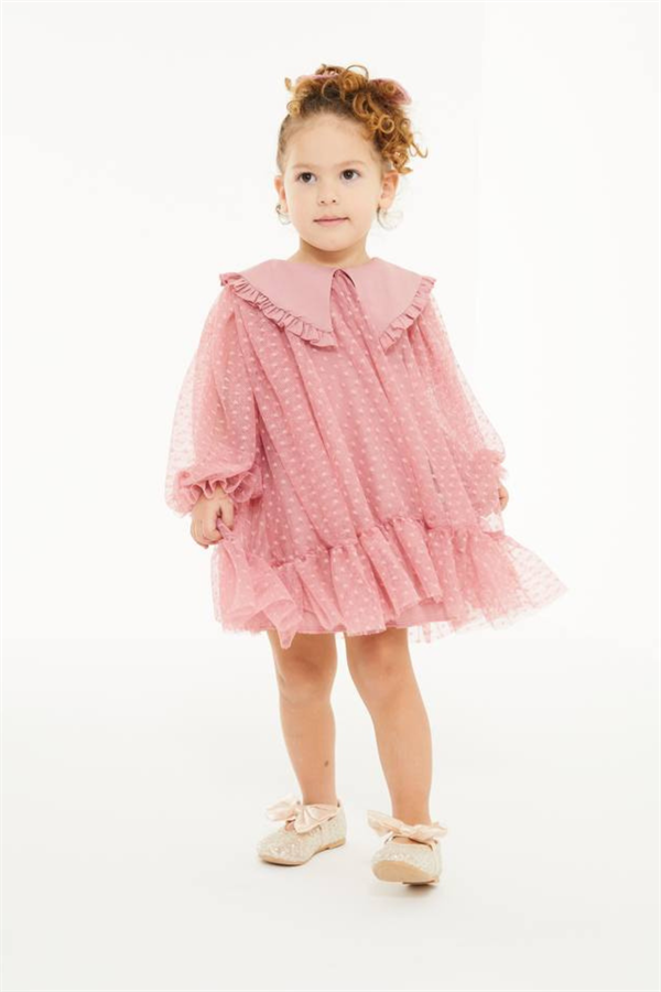 Kız Çocuk Tüllü Astarlı Pembe Elbise