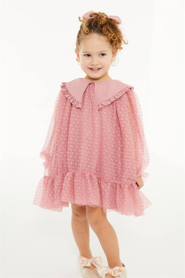 Kız Çocuk Tüllü Astarlı Pembe Elbise