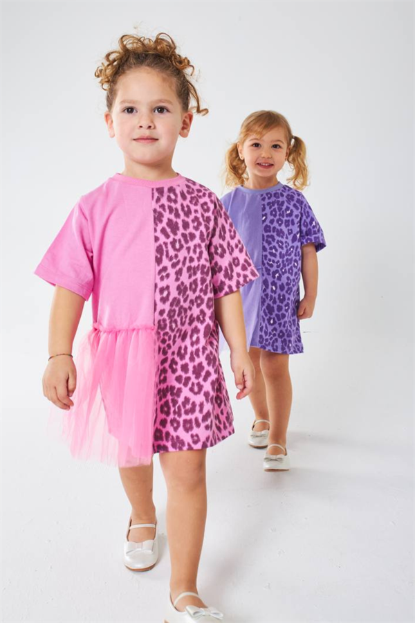 Kız Çocuk Tütü Detaylı Pembe Leopar Elbise