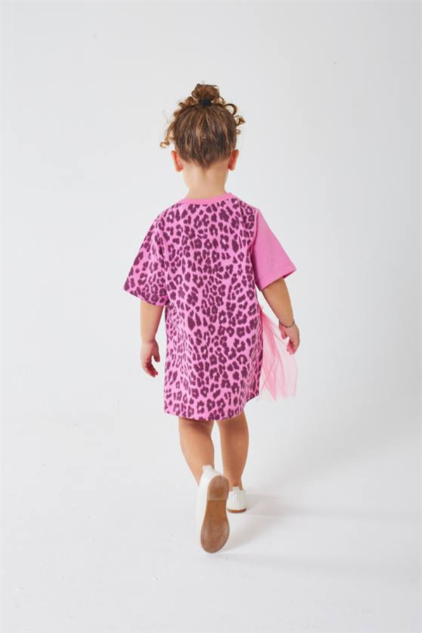 Kız Çocuk Tütü Detaylı Pembe Leopar Elbise