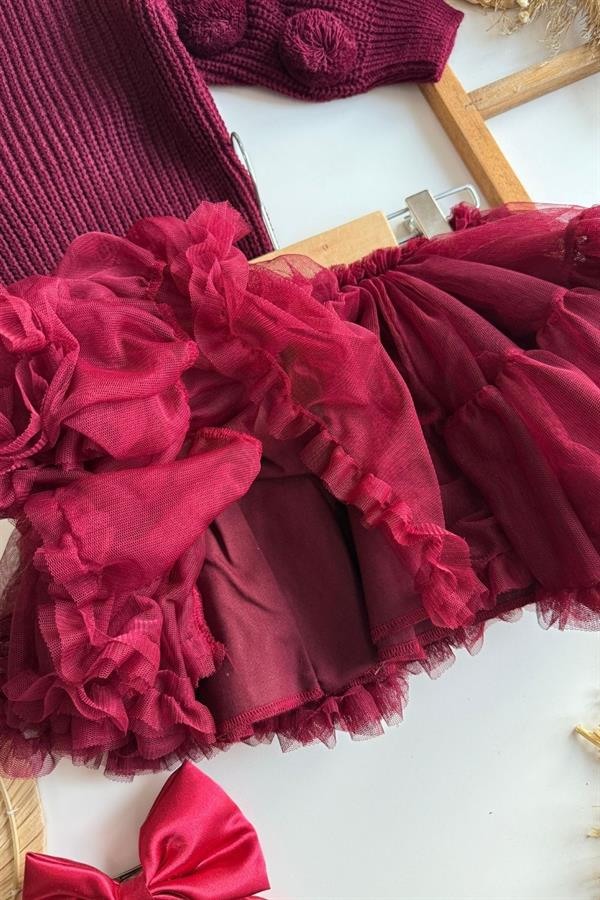 Kız Çocuk Tütü Etek & Ponponlu  Triko Bordo Takım