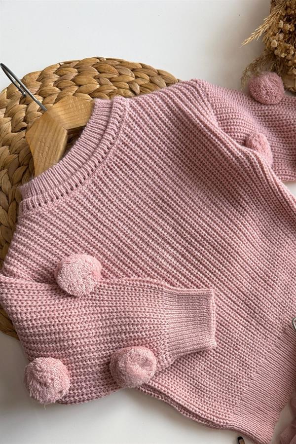 Kız Çocuk Tütü Etek & Ponponlu  Triko Pembe Takım