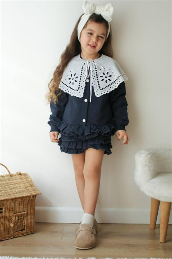 Kız Çocuk Yakalı Lacivert Etekli Takım