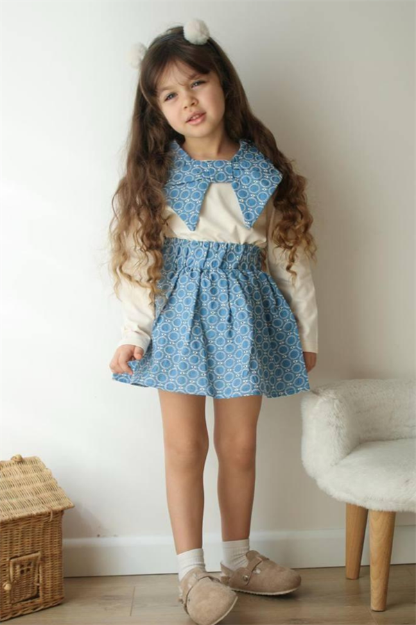 Kız Çocuk Yakalı Mavi Bluz Etek Takım