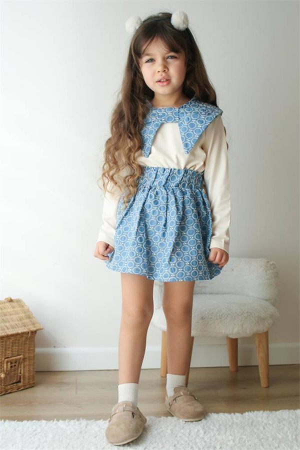 Kız Çocuk Yakalı Mavi Bluz Etek Takım