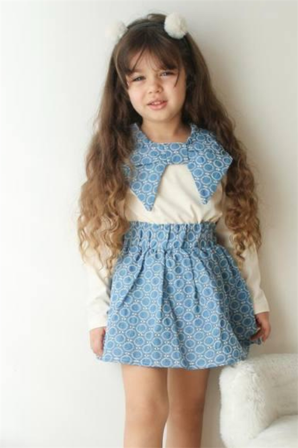Kız Çocuk Yakalı Mavi Bluz Etek Takım