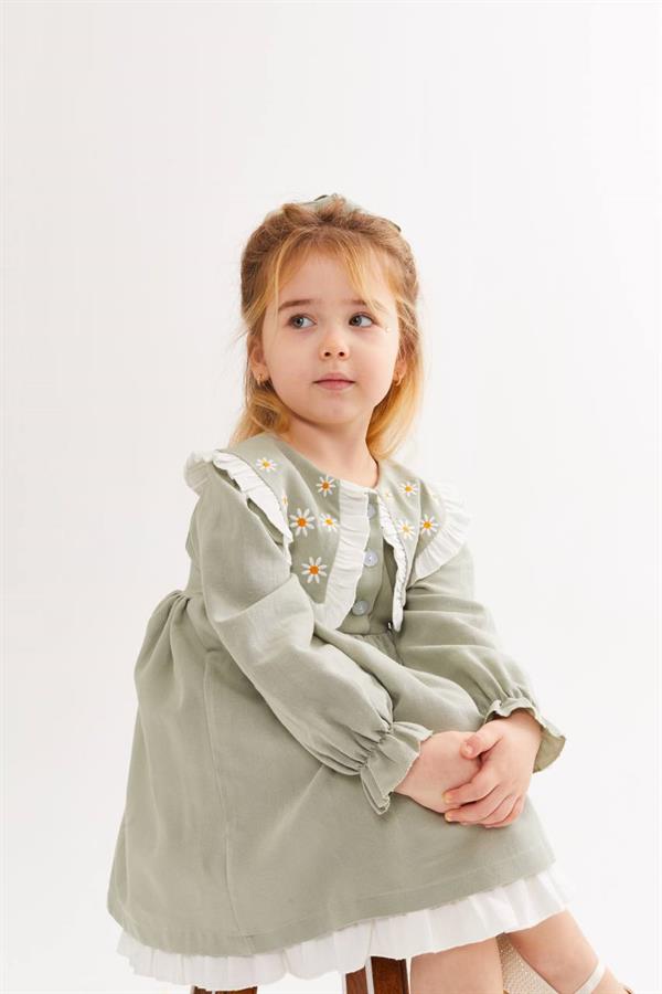 Kız Çocuk Yeşil Astarlı Tokalı Elbise