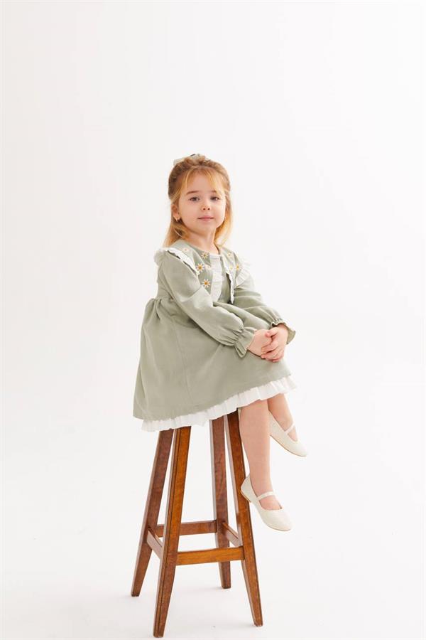 Kız Çocuk Yeşil Astarlı Tokalı Elbise