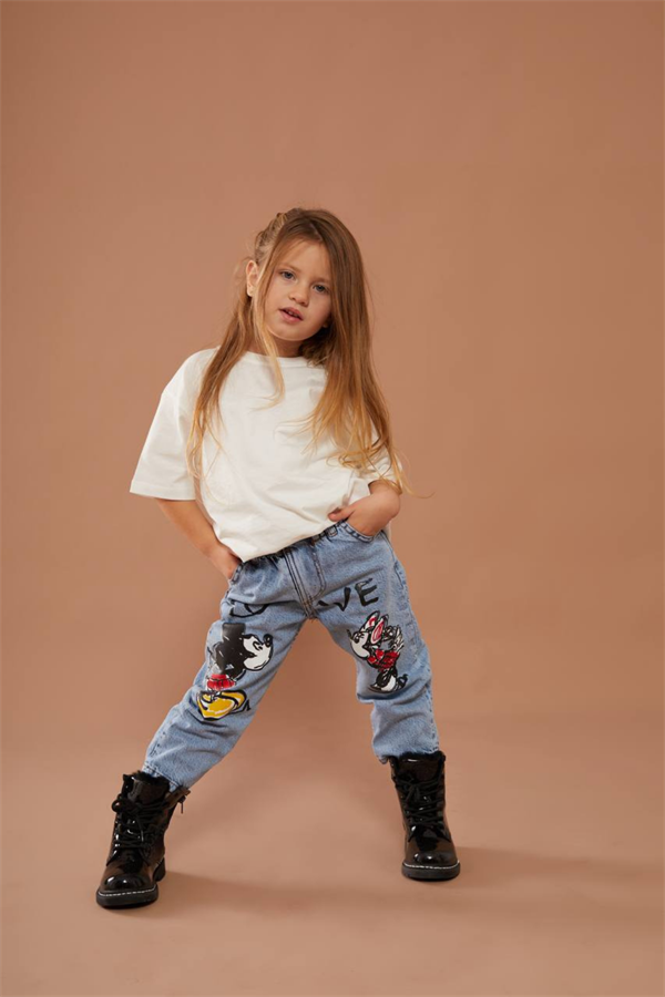 Kız Cocuk Yüksek Bel Minnie & Mickey Jean Pantolon