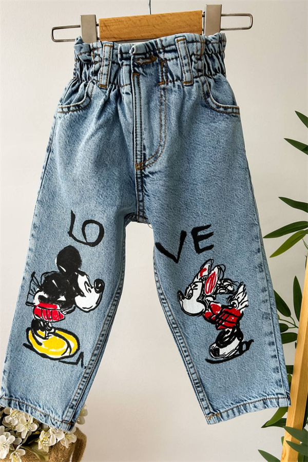 Kız Cocuk Yüksek Bel Minnie & Mickey Jean Pantolon