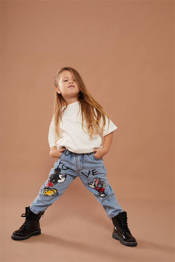 Kız Cocuk Yüksek Bel Minnie & Mickey Jean Pantolon