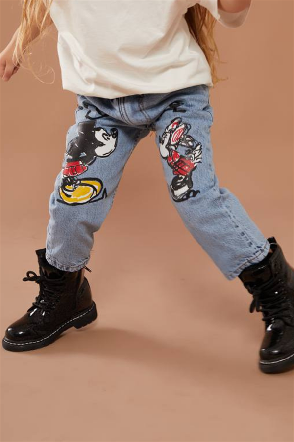 Kız Cocuk Yüksek Bel Minnie & Mickey Jean Pantolon