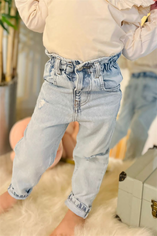 Kız Çocuk Yüksek Bel Yırtık Detaylı Jean Pantolon