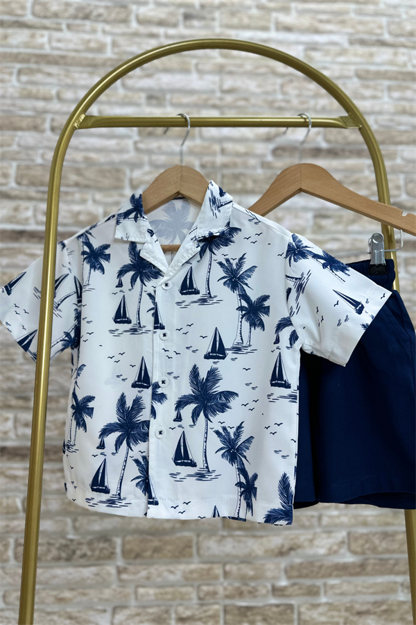 Denim Şortlu Gömlekli Palmiye Takım