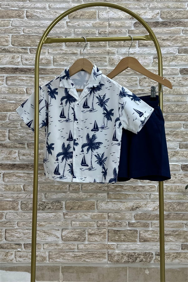 Denim Şortlu Gömlekli Palmiye Takım