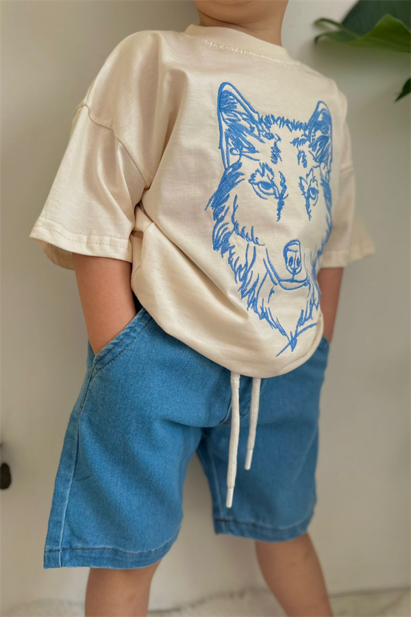 Kot Şortlu Mavi Kurt Baskı Takım