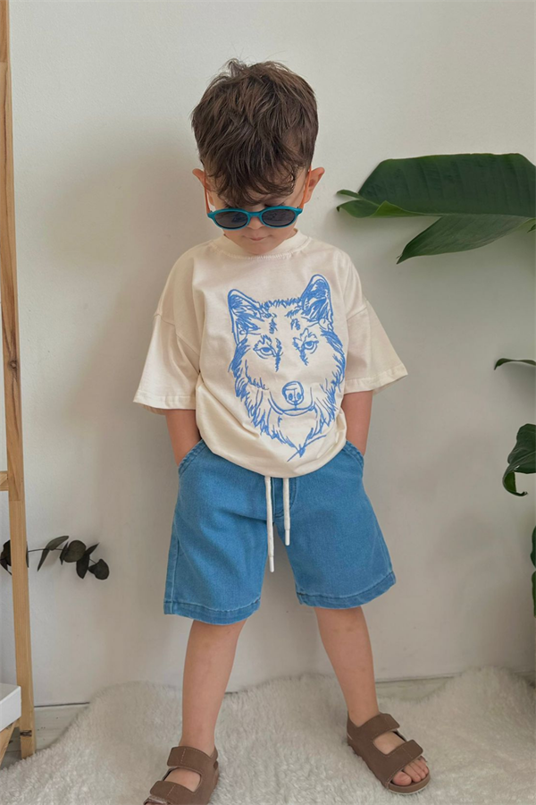 Kot Şortlu Mavi Kurt Baskı Takım