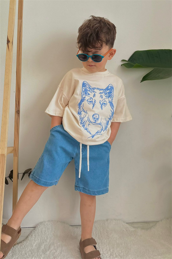 Kot Şortlu Mavi Kurt Baskı Takım