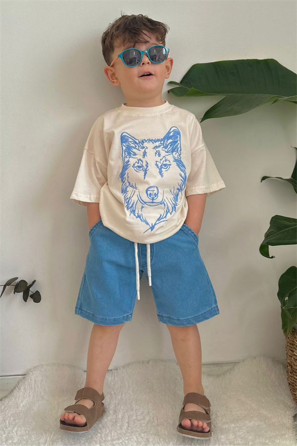 Kot Şortlu Mavi Kurt Baskı Takım