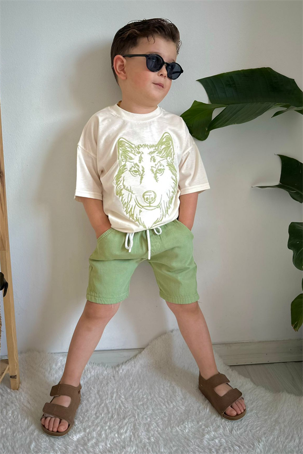 Kot Şortlu Yeşil Kurt Baskı Takım