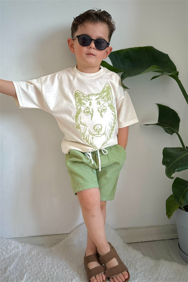 Kot Şortlu Yeşil Kurt Baskı Takım