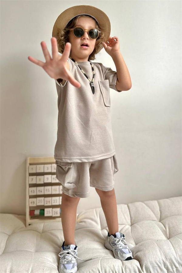 Krem Kargo Cepli Şortlu Takım