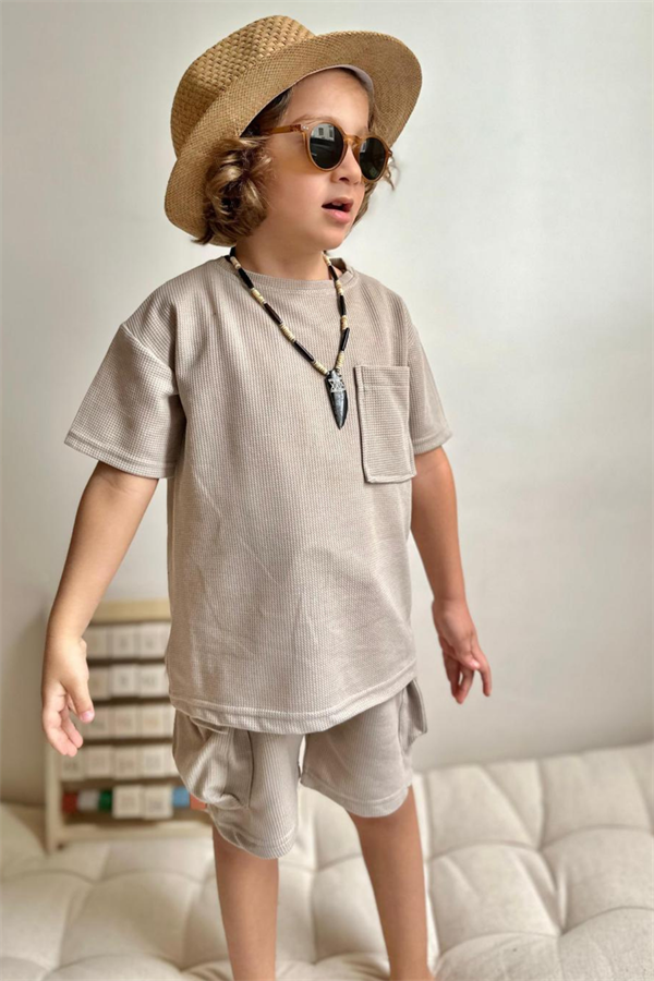 Krem Kargo Cepli Şortlu Takım