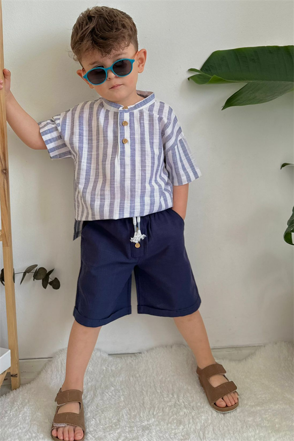 Lacivert Keten Çizgili Şort Takım
