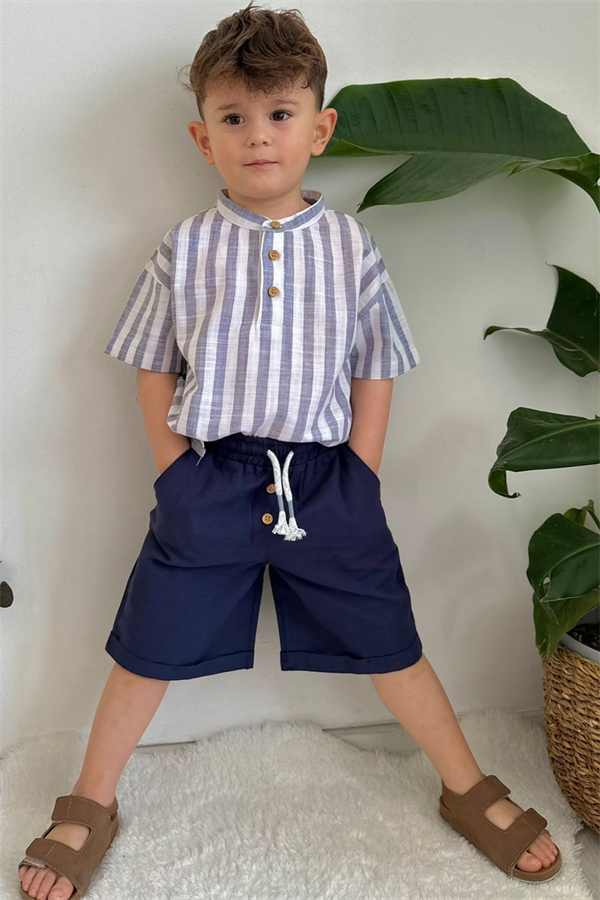 Lacivert Keten Çizgili Şort Takım