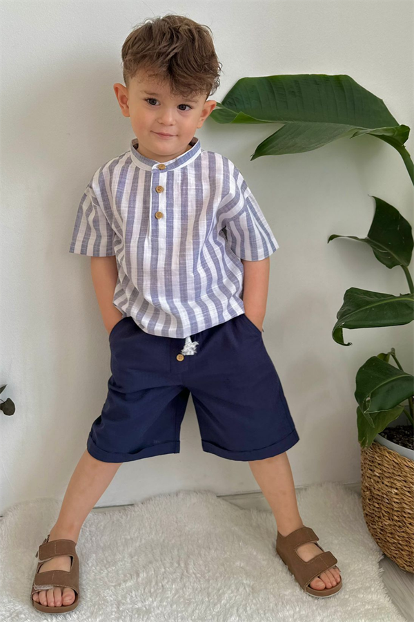 Lacivert Keten Çizgili Şort Takım