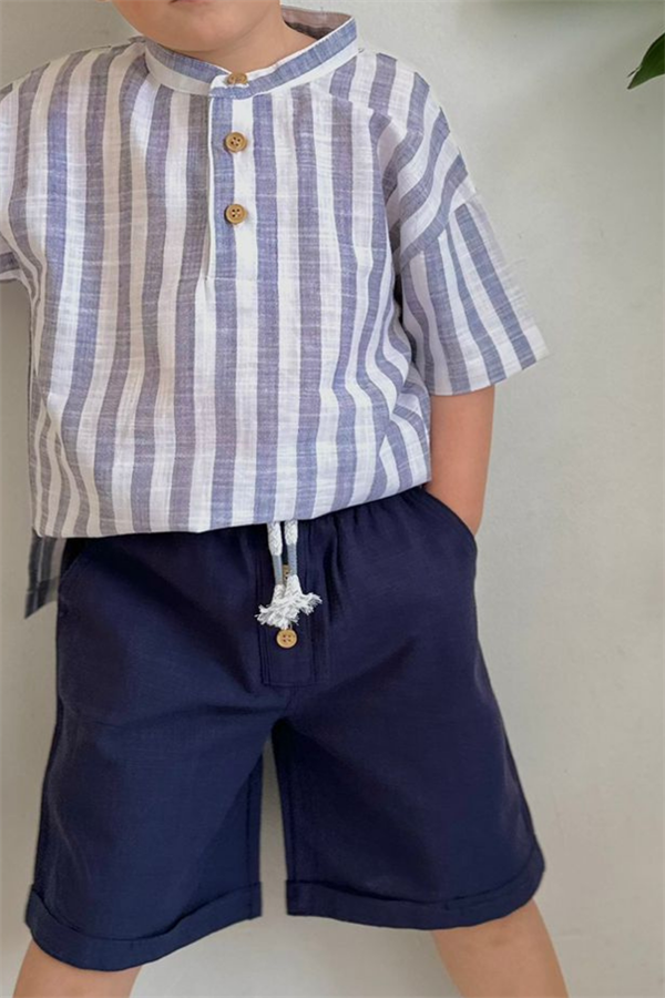 Lacivert Keten Çizgili Şort Takım