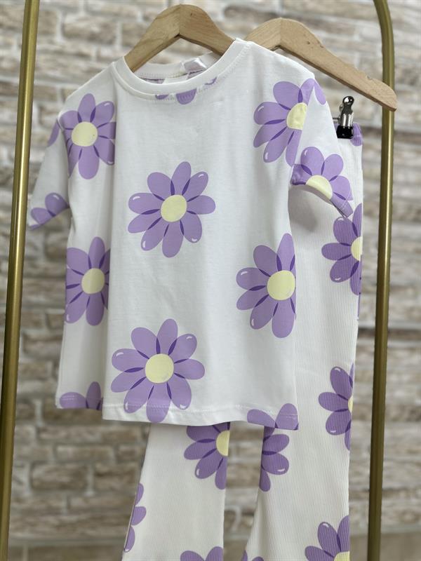 Lila Çiçekli İspanyol Fitilli Tayt Takım