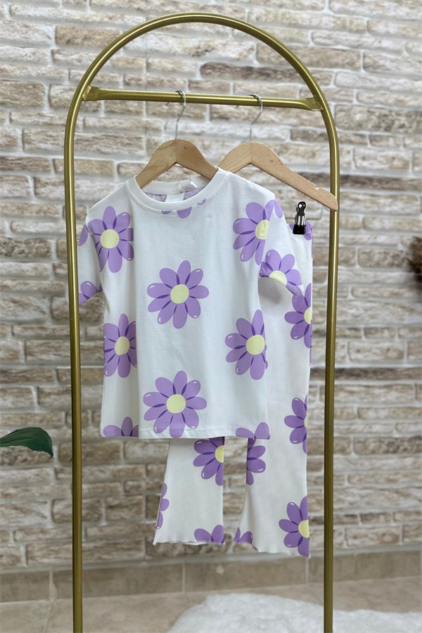 Lila Çiçekli İspanyol Fitilli Tayt Takım