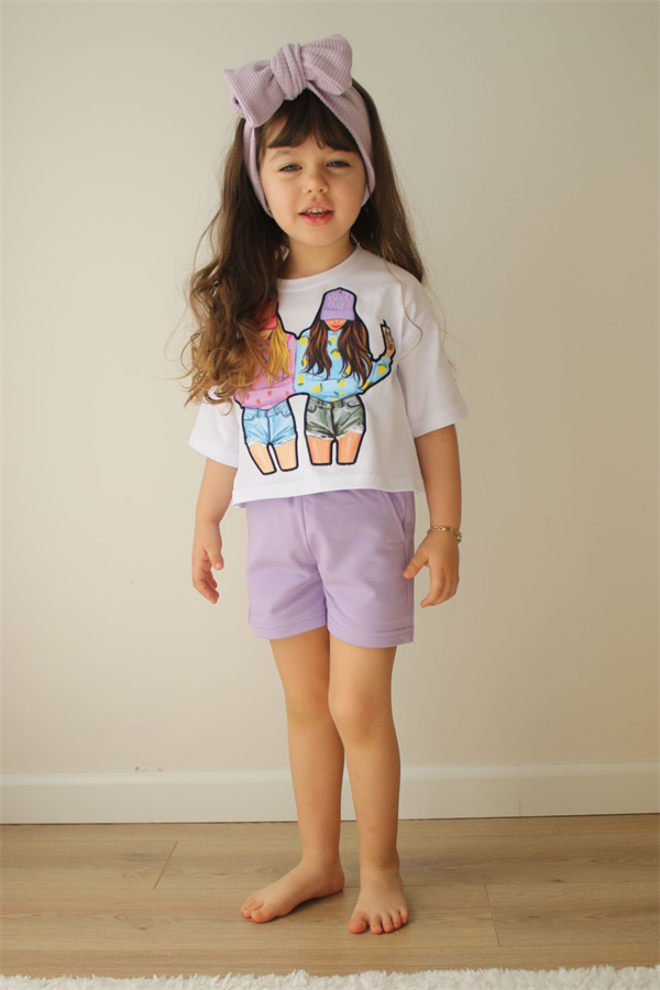 Lila İkili Kız Baskı Şortlu Takım