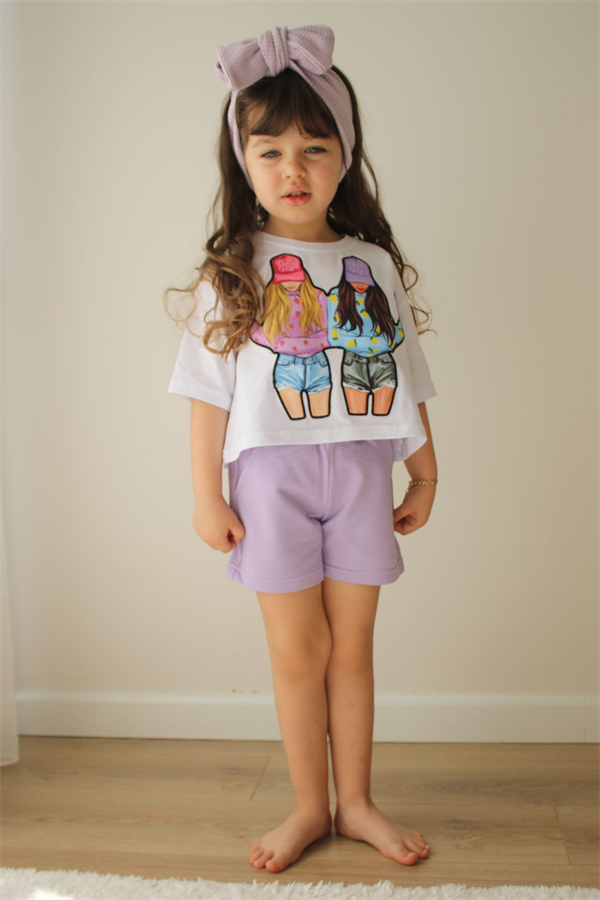 Lila İkili Kız Baskı Şortlu Takım