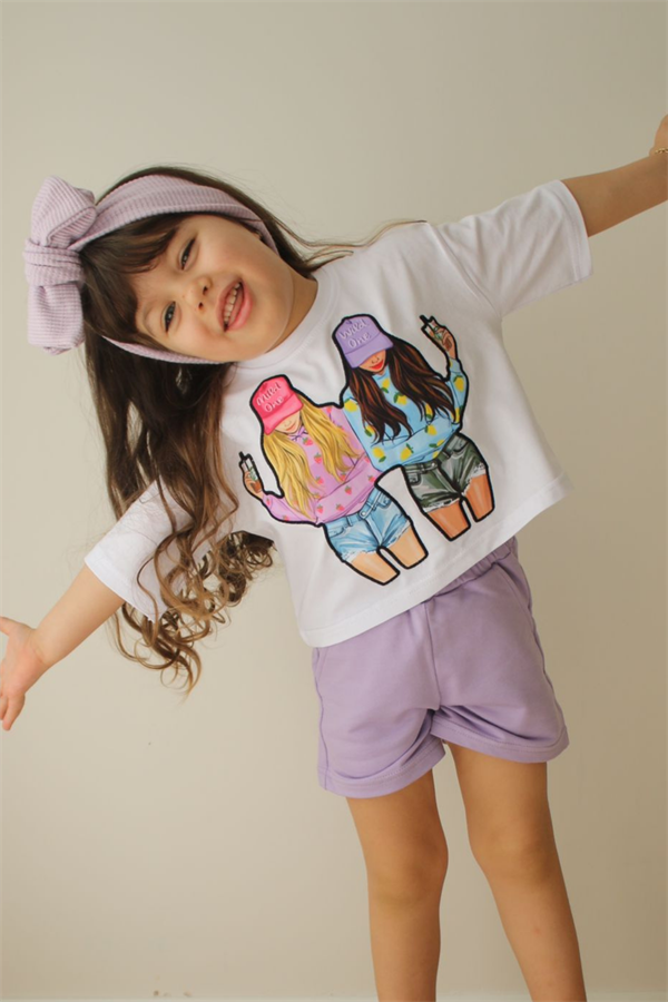 Lila İkili Kız Baskı Şortlu Takım
