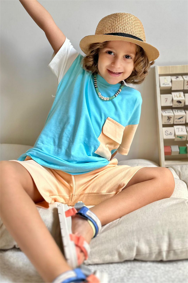 Mavi Bej Şortlu Takım