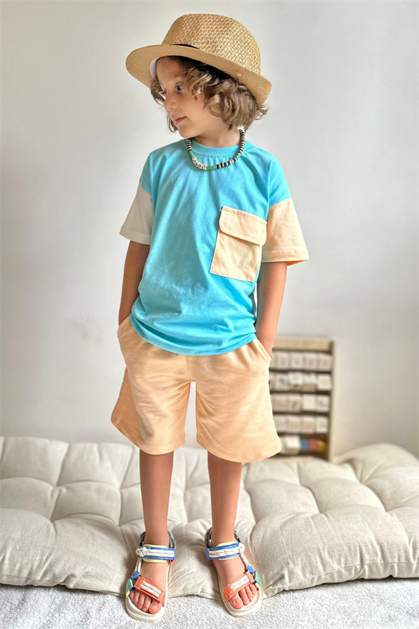 Mavi Bej Şortlu Takım