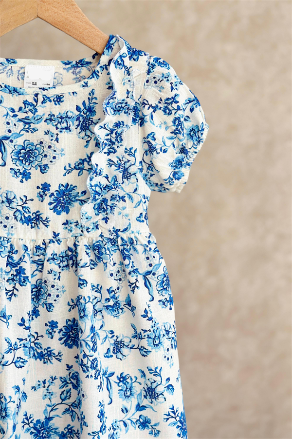 Kız Çocuk Mavi Çiçekli Elbise