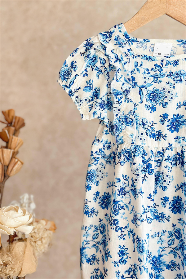 Kız Çocuk Mavi Çiçekli Elbise